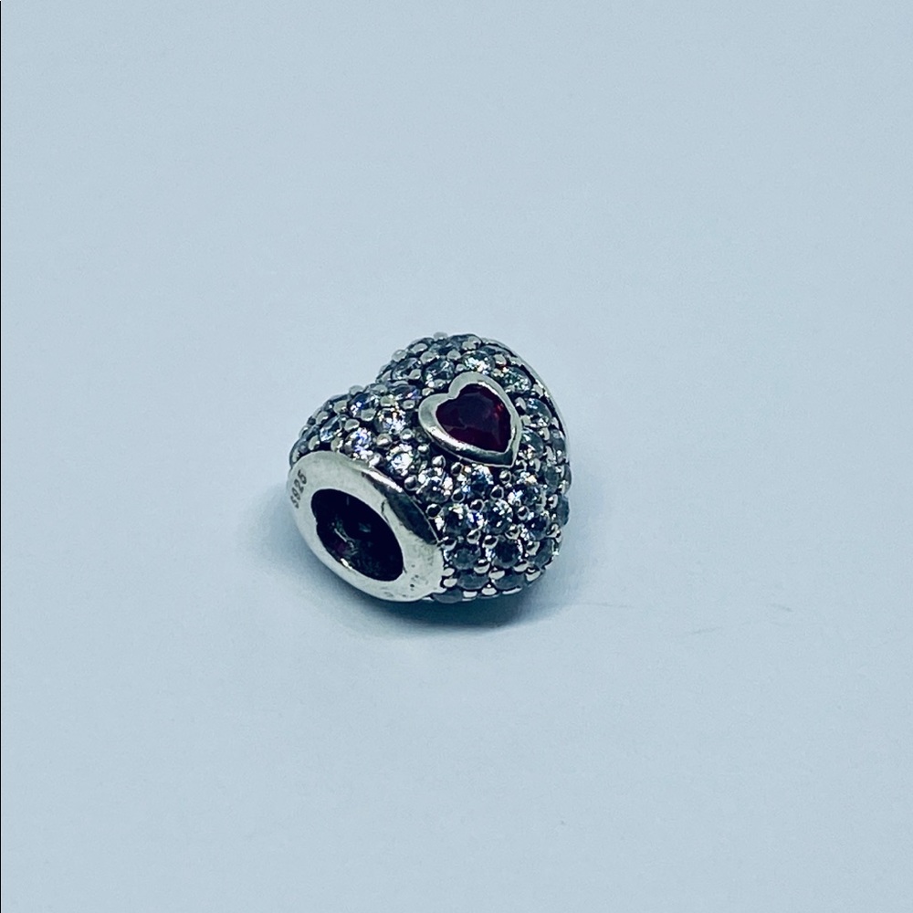 925 Sterling Silver Pave Red Cubic Zirconia Heart Bracelet Charm - Pandora Style - Picture 3 of 3